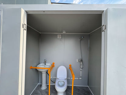 Premium Plumbed-In disability-friendly Portable Toilet With Shower Unit with WPC Fluted Wall Cladding – Fully Built & Ready to Use