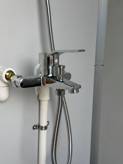 Premium Plumbed-In disability-friendly Portable Toilet With Shower Unit with WPC Fluted Wall Cladding – Fully Built & Ready to Use
